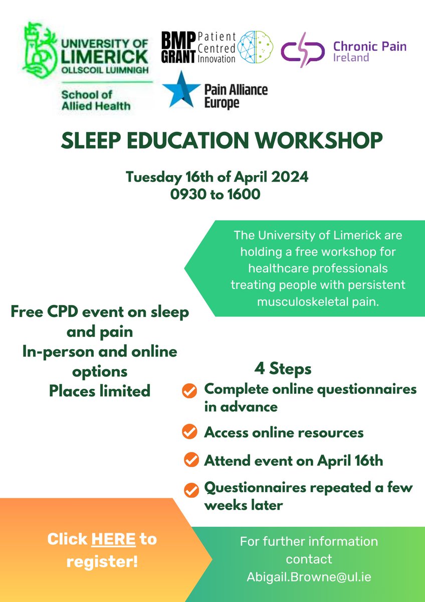 The University of Limerick will hold a free CPD Sleep Education Workshop for healthcare professionals treating persistent musculoskeletal pain. Places limited. Click this link to register: 7st0rszdg8z.typeform.com/to/rP9u6hSL @kieranosull @roisinc1 @ChronicPainIRL @bmp_grant @pain_europe