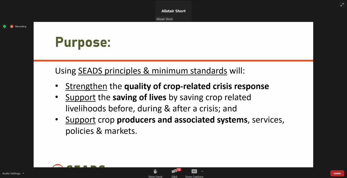 'Applying SEADS principles & minimum standards will enhance & bolster the quality of crop crisis response.' Alistar from @SEADS_Standards shares in a webinar, attended by 83 practitioners, on Introduction to SEADS Standards for supporting crop-related livelihoods in emergencies