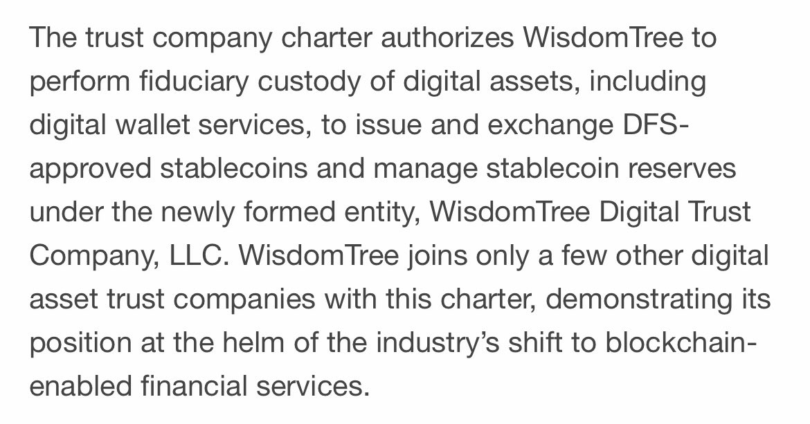 🚨BREAKING: @WisdomTreeFunds has been granted a trust company charter by @NYDFS, giving it the ability to launch its #crypto app @WisdomTreePrime in New York.
