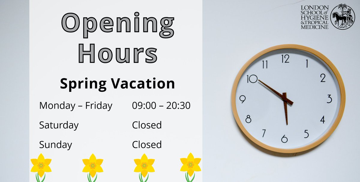 ⏳ Opening hours update ⌛ Today (Friday 22 March) is the last day of term, so it's our last late night opening. We open Monday to Friday 9am-8.30pm during the vacation, with the exception of the days when @LSHTM will be closed - Friday 29 March to Tuesday 2 April (inclusive).