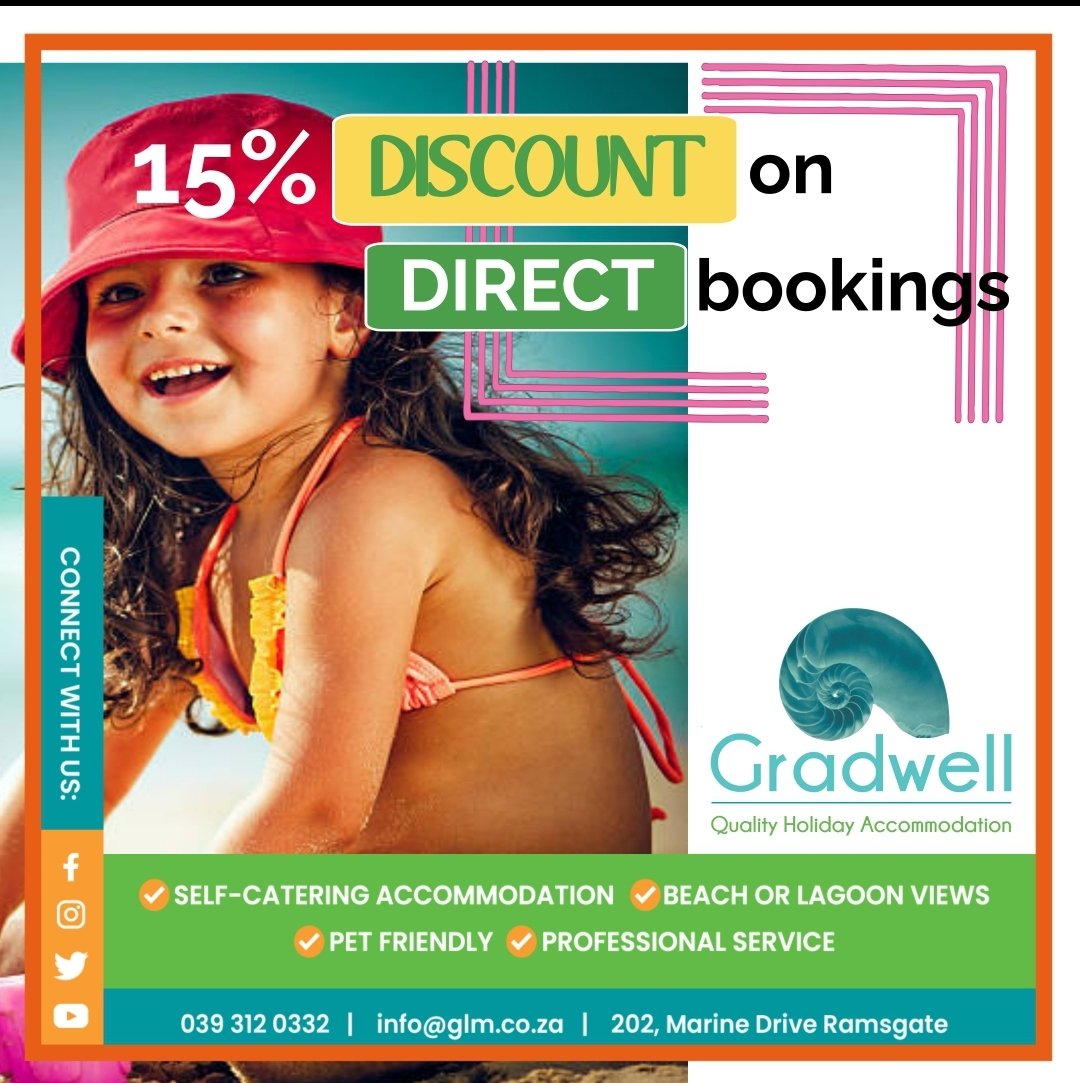 GradwellLetting's tweet photo. Happening right now! Book with us and receive a 15% #discount. Over 80 self catering units to choose from!

#accommodation #holiday #gradwellletting #vacation #Southcoast #ramsgatekzn #margatekzn #southafrica https://t.co/XCrRPcVuh5