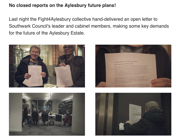 @Aylesbury_exhib Fight 4 Aylesbury delivered an open letter to Southwark Council's leader and cabinet members, making some key demands for the future of the Aylesbury Estate: