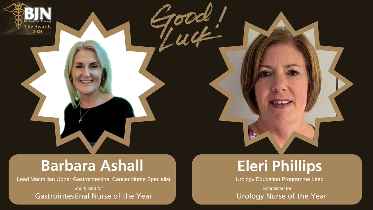 We're delighted two of our fantastic nurses are shortlisted in tonight’s @BJNursing Awards! Barbara Ashall, has been shortlisted for Gastrointestinal Nurse of the Year and Eleri Phillips is a finalist for the Urology Nurse of the Year award. Good luck - we're so proud! 👏🤞