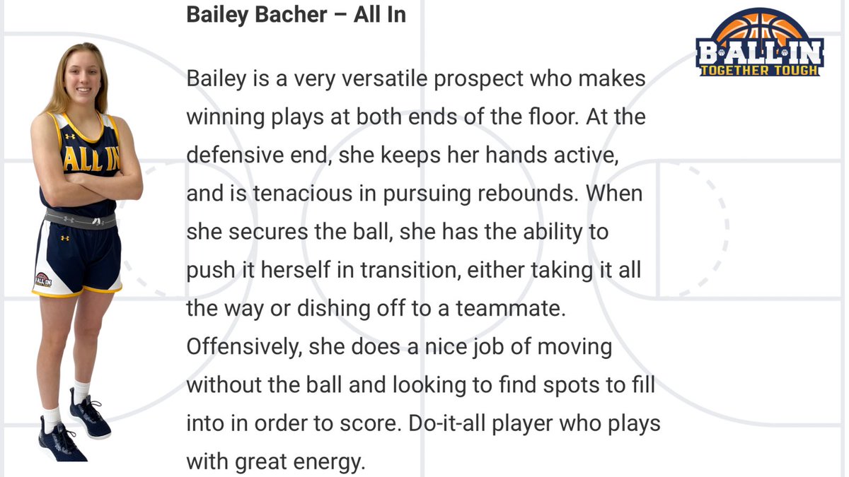 ALL IN ๐ (@allnhoops) on Twitter photo 2027 <a href="/bailey_bacher27/">Bailey Bacher</a> had a great weekend at Shamrock playing #togethertough on both sides of the ball to help her 16U squad win their division and we appreciate <a href="/JrAllStarBB/">Jr. All-Star Girls Basketball</a> evaluating her. 2027 <a href="/bailey_bacher27/">Bailey Bacher</a> had a great weekend at Shamrock playing #togethertough on both sides of the ball to help her 16U squad win their division and we appreciate <a href="/JrAllStarBB/">Jr. All-Star Girls Basketball</a> evaluating her.