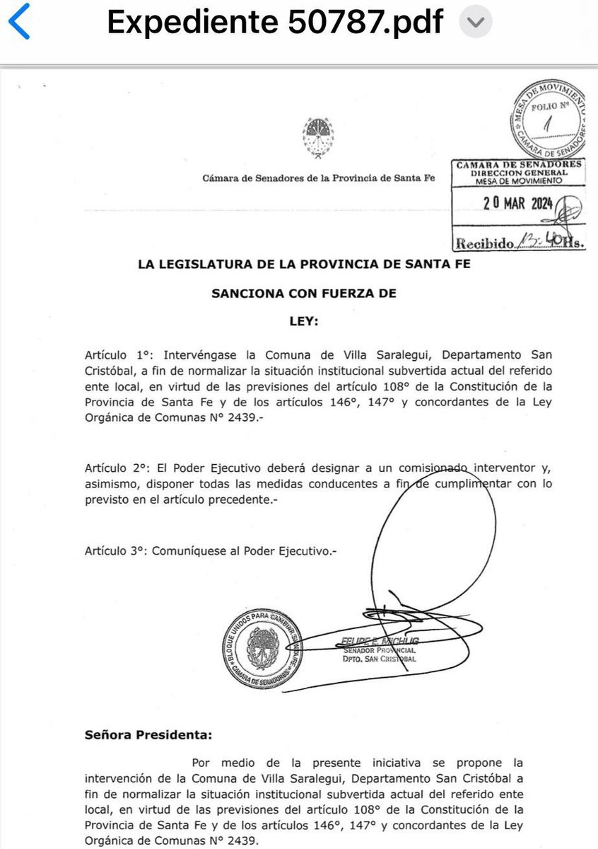 Gracias al coraje del gobernador de Santa Fe @maxipullaro y del Senador @felipemichlig, ayer el @SenadoSantaFe dio media sanción a la intervención de Villa Saralegui, secuestrada por el chorro violento Jefe de Comuna, Walter Sola. Falta ahora que la @CamaraDipSF ratifique.