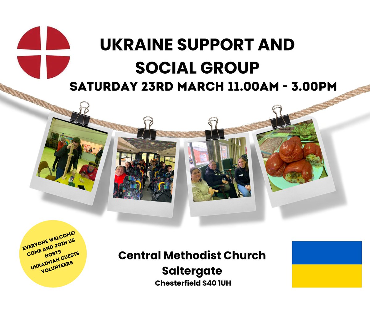 🇺🇦Ukrainians, hosts and volunteers
- Central Methodist Church, Saltergate, Chesterfield
-Saturday 23rd March, 2024
-11.00 - 3.00pm
Meet new friends, feel supported and enjoy refreshments too! 
#Ukraine