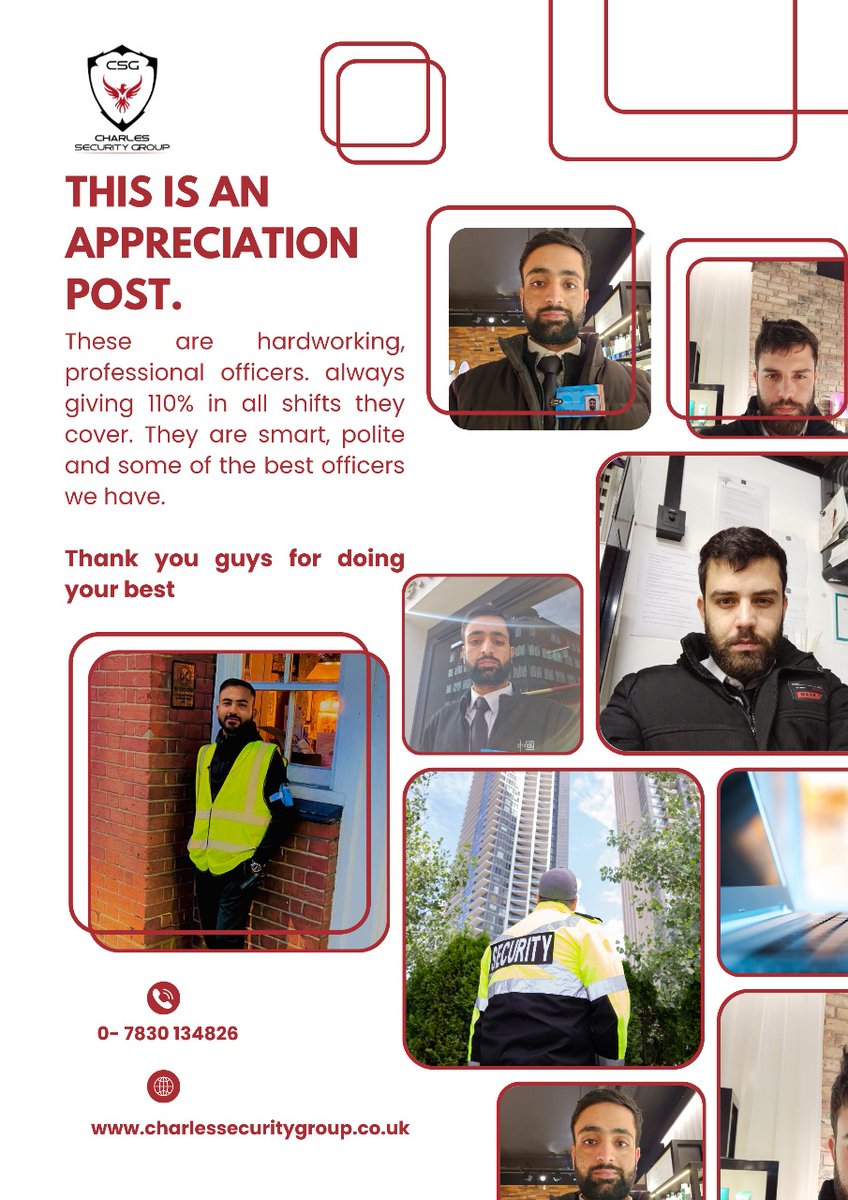 I love making these posts. 
These officers are a blessing to Charles Security Group . Every day they attend their shifts and give 110%. They are always polite, hardworking and loved by the clients. 
They are caring, smart and very professional. 
We are very lucky 😊
