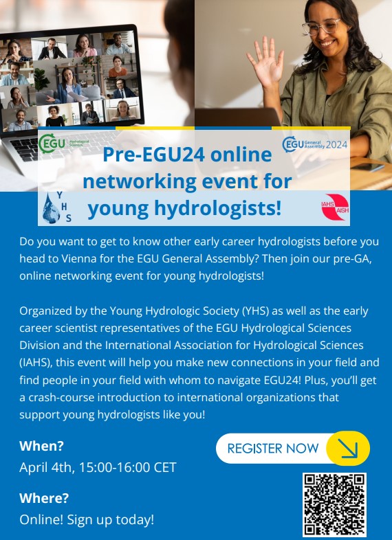 Exciting announcement! ✨ Pre-#EGU24 online networking event for young #hydrologists will take place on April 4, 15:00-16:00 CET! You can register now using the QR code on the flyer below or by clicking on this link: forms.gle/URj6m5brP5uW6s… Hope to see y'all at the meeting!:)