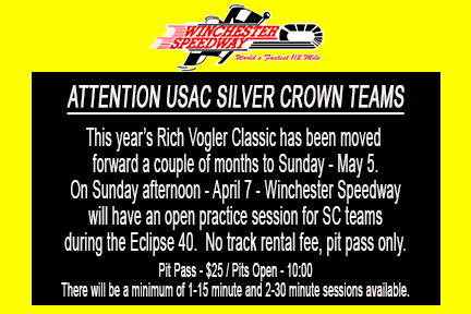 @FastestHalfMile is making time available during April 7 Eclipse 40 for @USACNation Silver Crown practice time in anticipation of May 5 Rich Vogler Classic.