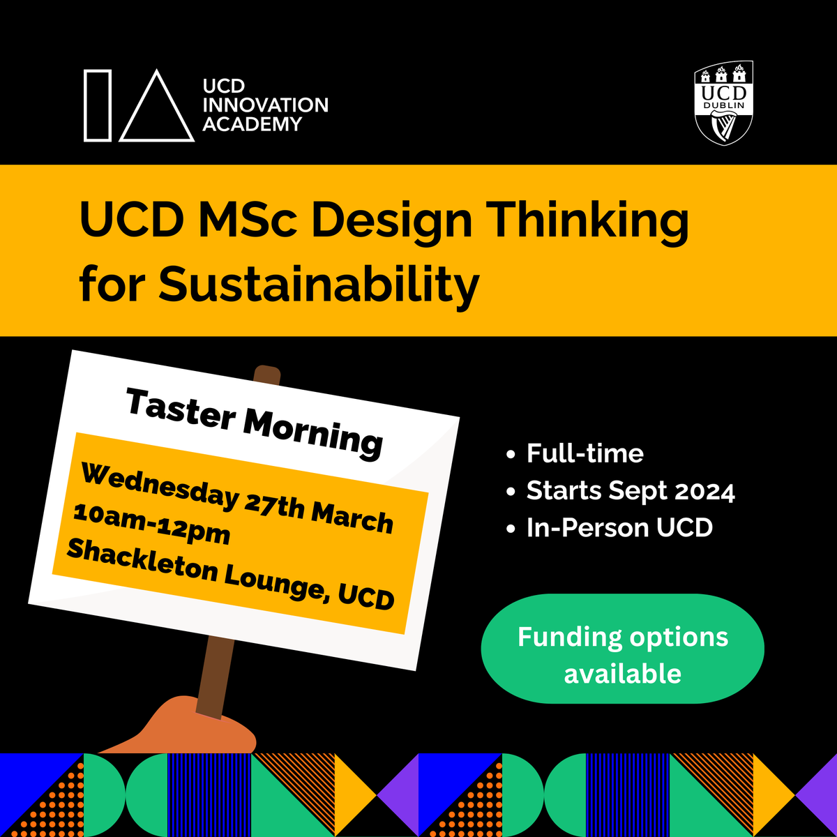 Less than one week to go 🌎 Come and join us for a bite sized taste of this full time level 9 MSc in Design Thinking for #Sustainability. Discover the experiential learning style and the #funding options available Register here bit.ly/3T7qWyn #msc #ucd #designthinking