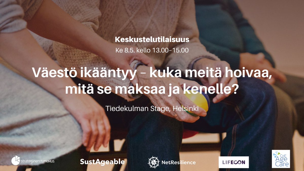 Miten ikääntyneiden hoiva järjestetään ja miten sen kustannukset katetaan? Järjestämme ke 8.5 klo 13-15 tilaisuuden @tiedekulma, jossa syvennytään näihin aiheisiin. Mukana @NetResilience @lifeconhanke @CoE_AgeCare Lue lisää👇 sustageable.fi/event/vaesto-i… @Akatemia_STN