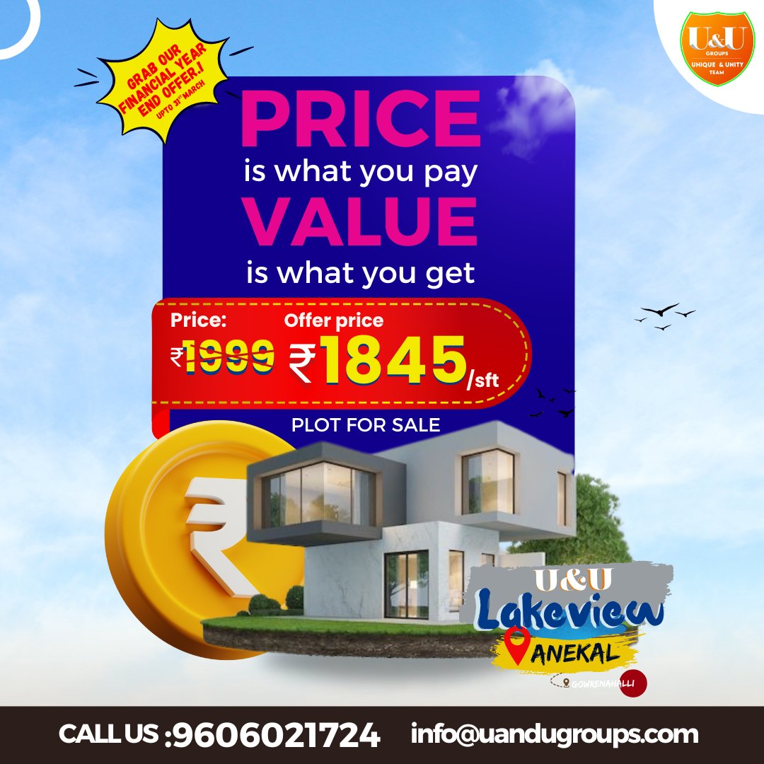 uandugroups's tweet photo. Dream Plots at just Rs.1845/sft only on U&amp;U Lakeview, Anekal. Grab our financial year end offer.!
.
#uandugroups #siteforsale #propertiesforsale #siteinbangalore #independenthouse #budgetfriendly #lowbudget #sites #plots #realestate #realestateinbangalore https://t.co/dXzrHGskZx