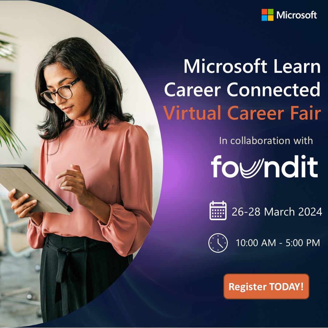 Last call for #jobseekers to apply for Microsoft Learn Career Connected Virtual Career Fair in collaboration with @foundit_India. Register Now: msft.it/6011cUZU9