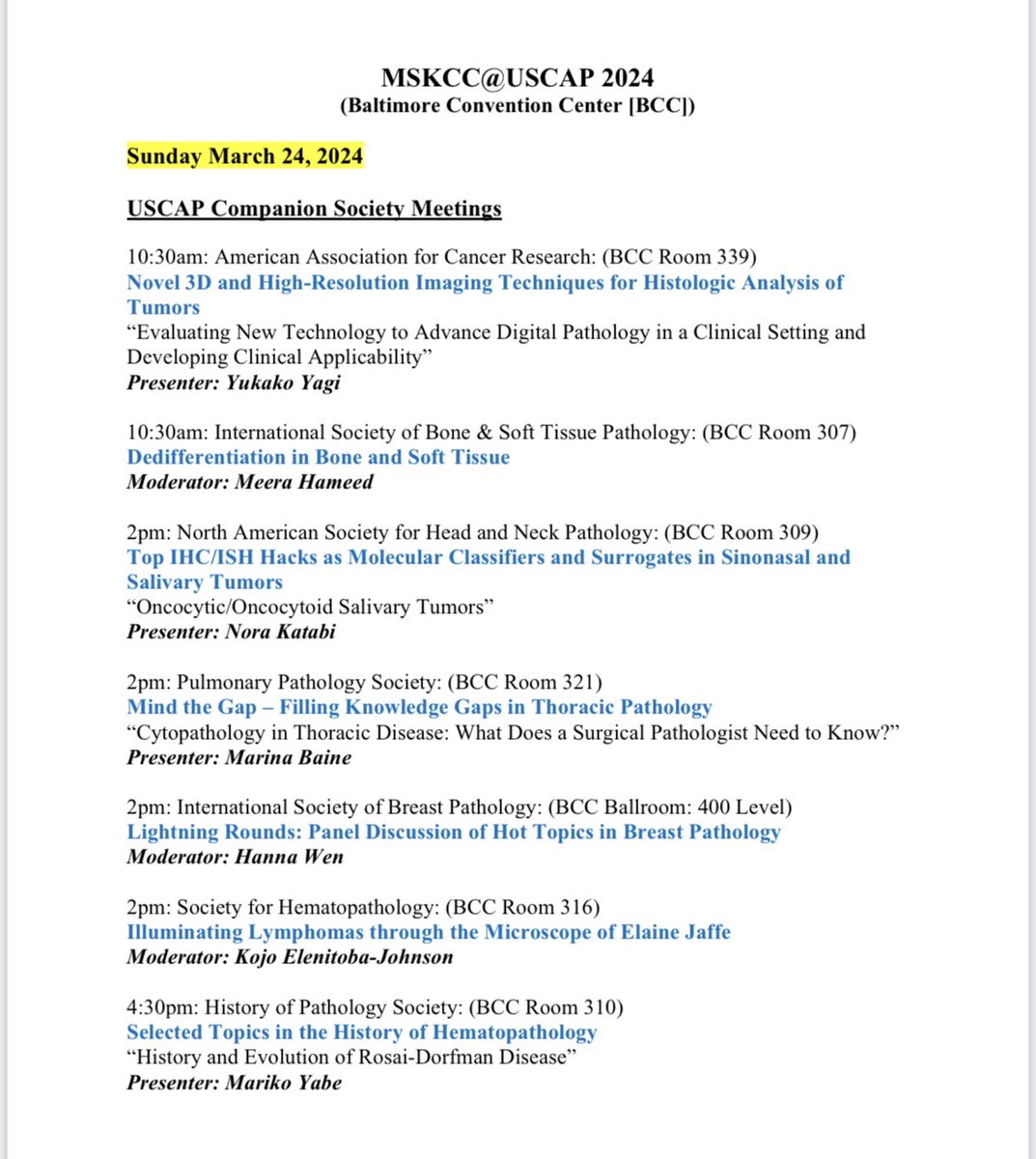 #USCAP2024 Sunday = Companion Society Meetings! Happy to highlight @MSKPathology faculty presenting and moderating sessions @TheUSCAP