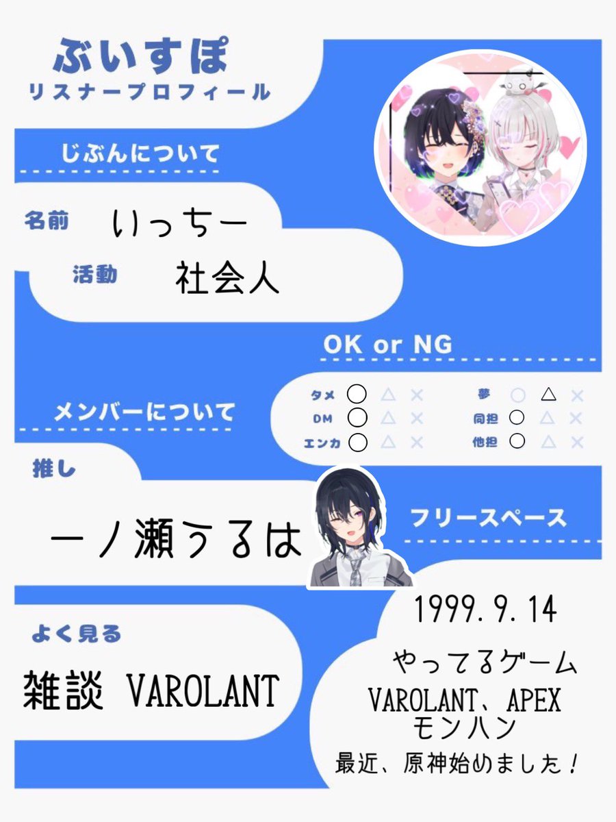 ich1_potaku's tweet photo. 改めて自己紹介カードなるものを作りました！カードはお借りしました！

のせ、あすみあとここには無いですがこかげちゃんが好きです！
まだまだ未熟者ではありますがたくさんの人と仲良くなれたらなと思います😊

♡・↺・💬でお迎えします！
#ぶいすぽ自己紹介カード 
#ぶいすぽ好きと繋がりたい https://t.co/i5OTUW3Iek