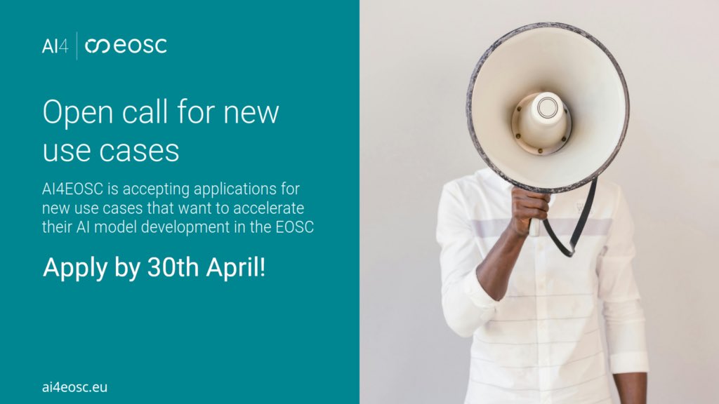 📢AI4EOSC open call for new use cases! The goal is to onboard researchers, businesses and innovators and help them to improve their products and services by taking advantage of #AI, #ML, #DL and #FL technologies and models within the EOSC💻 More details: ai4eosc.eu/use-cases/firs…