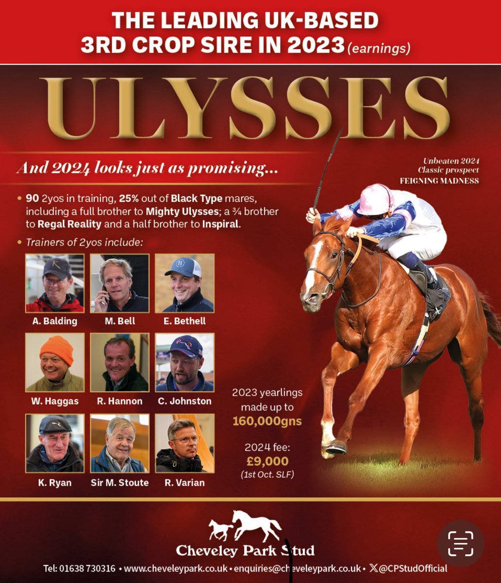📢There’s plenty to look forward to with ULYSSES in 2024! With 90 2yo’s in training, 25% of which are out of Black Type mares. Their trainers include @WilliamHaggas @varianstable @AndrewBalding2 @ebethellracing Give us a call ☎️ to book your nomination.