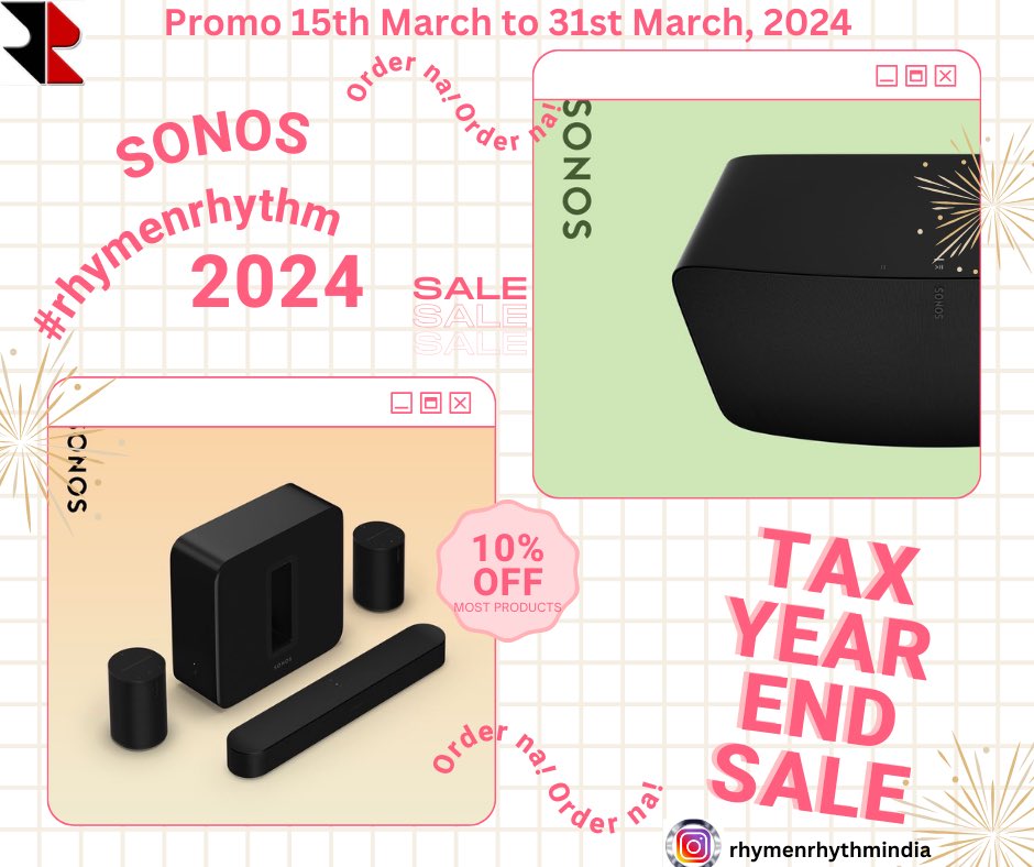 RR1968's tweet photo. Sonos sale for limited time - March 15th to March 31st, 2024 on selected products. Contact for more details #rhymenrhythm #sonoshifi #hometheater #twochanel #Since1968 https://t.co/25ME2T65ui