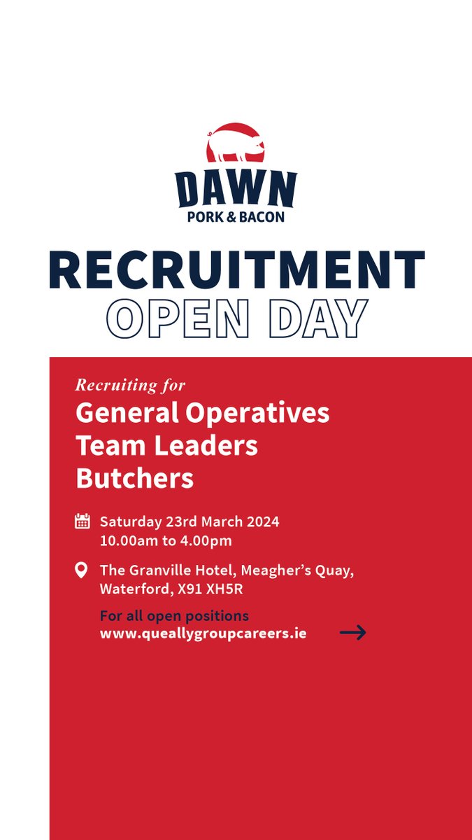 QG_MyHUB's tweet photo. 1 day to go ...  recruiting for #generaloperatives #teamleaders #butchers #productionjobs #jobfairywaterford #waterford #waterfordjobs https://t.co/TZcwpQt6ac