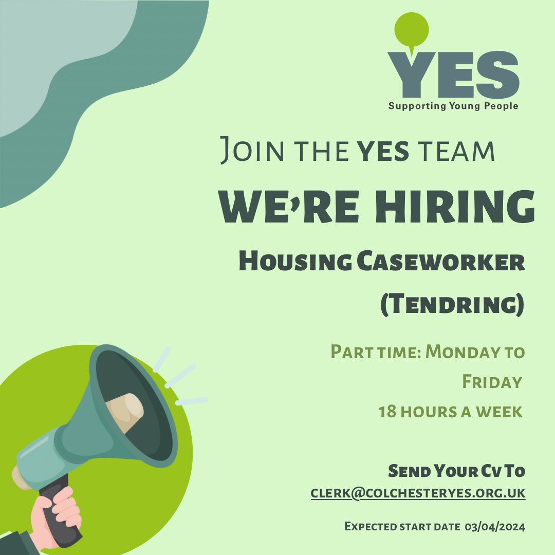 We’re hiring! 📣 Job opportunity to join the YES team💬 Housing Caseworker (Tendring) To apply on Indeed & for more info👇 uk.indeed.com/viewjob?from=a… Part time, 18 hours a week Expected start date: 03/04/2024 #colchester #tendring #essex