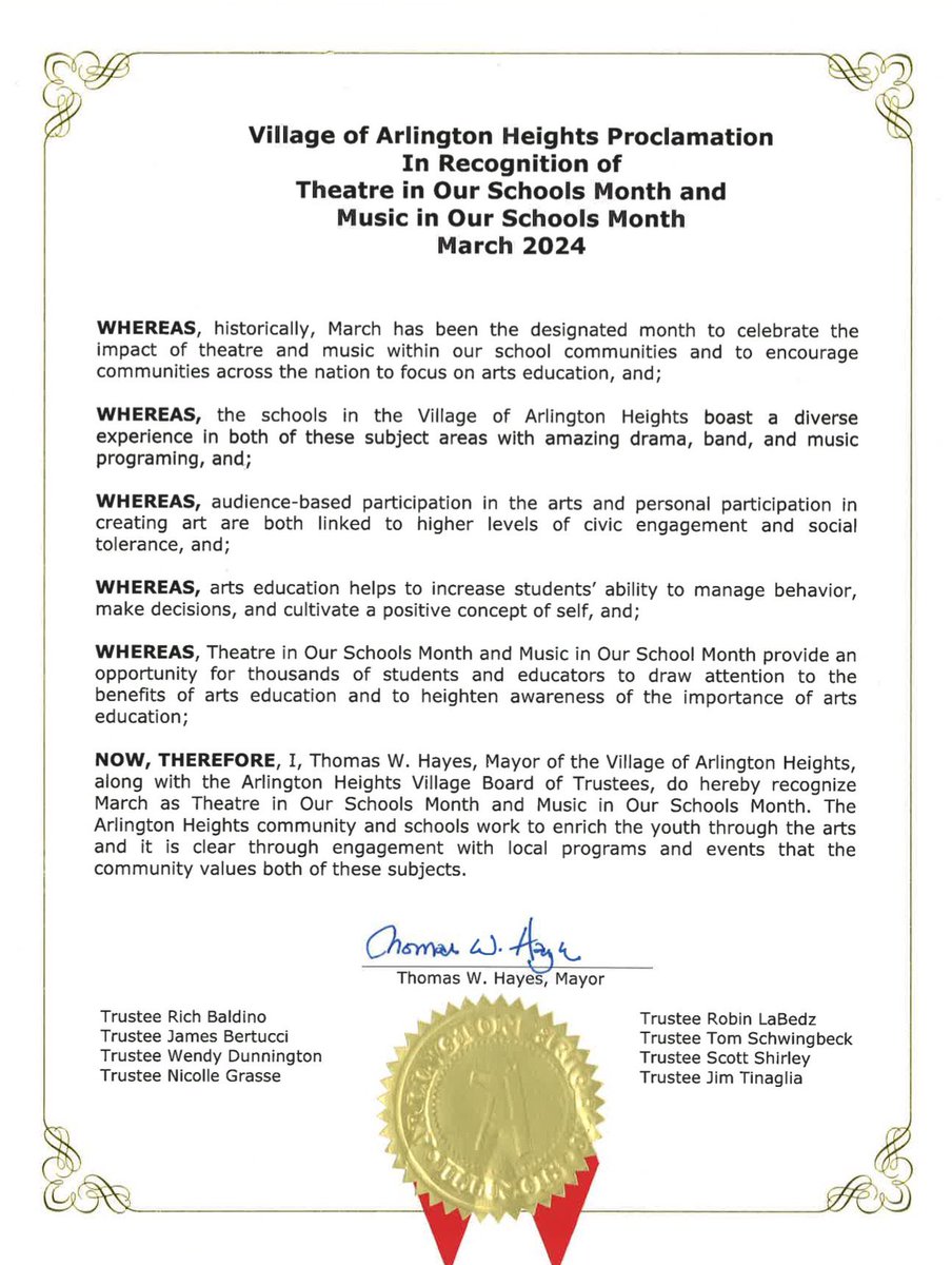 Happy last day before Spring Break! 
Today, we celebrate some of the wonderful opportunities for our students to practice theatre, dance, & music in the community nearby.

Thank you again @ArlingtonHtsGov for recognizing #MIOSM and #TheatreInOurSchools Month. 
See you next year!