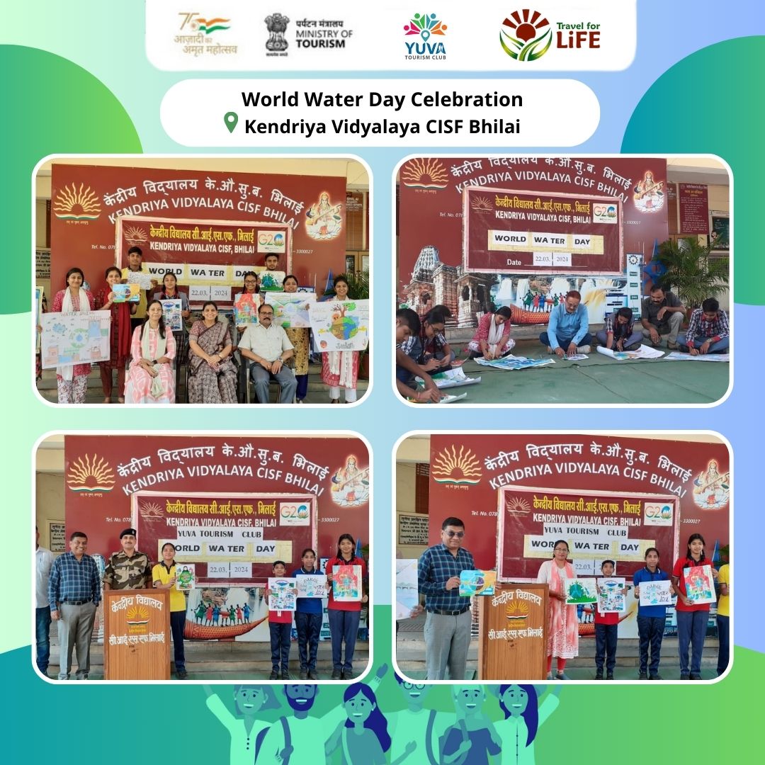 IndiatourismM's tweet photo. Kendriya Vidyalaya CISF Bhilai celebrated World water Day with a Drawing Competition by the Yuva Tourism Club. Students &amp; teachers highlighted water's importance.

@incredibleindia @tourismgoi @Yuva_Tourism
#WorldWaterDay #WaterIsLife #SaveWater #yuvatourismclub https://t.co/HJsYdFOs77