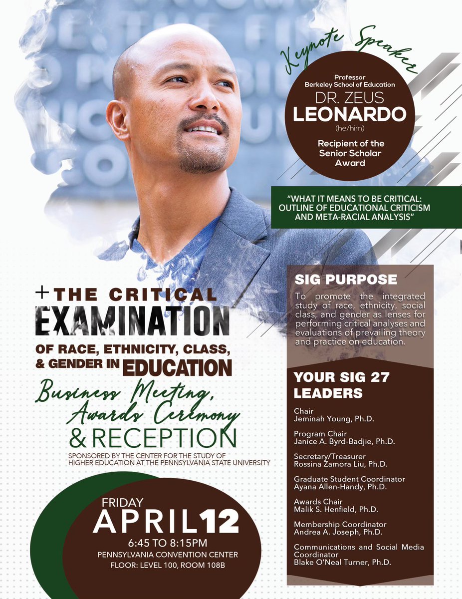 Pls join us for a keynote by Dr. Zeus Leonardo @ the Critical Examination of Race, Ethnicity, Class, and Gender SIG’s Business Meeting at AERA on Friday, April 12 at 6:45pm. Reception will follow. Come hear a great talk, be in community with good people, eat & celebrate!!♥️🤗✌🏼