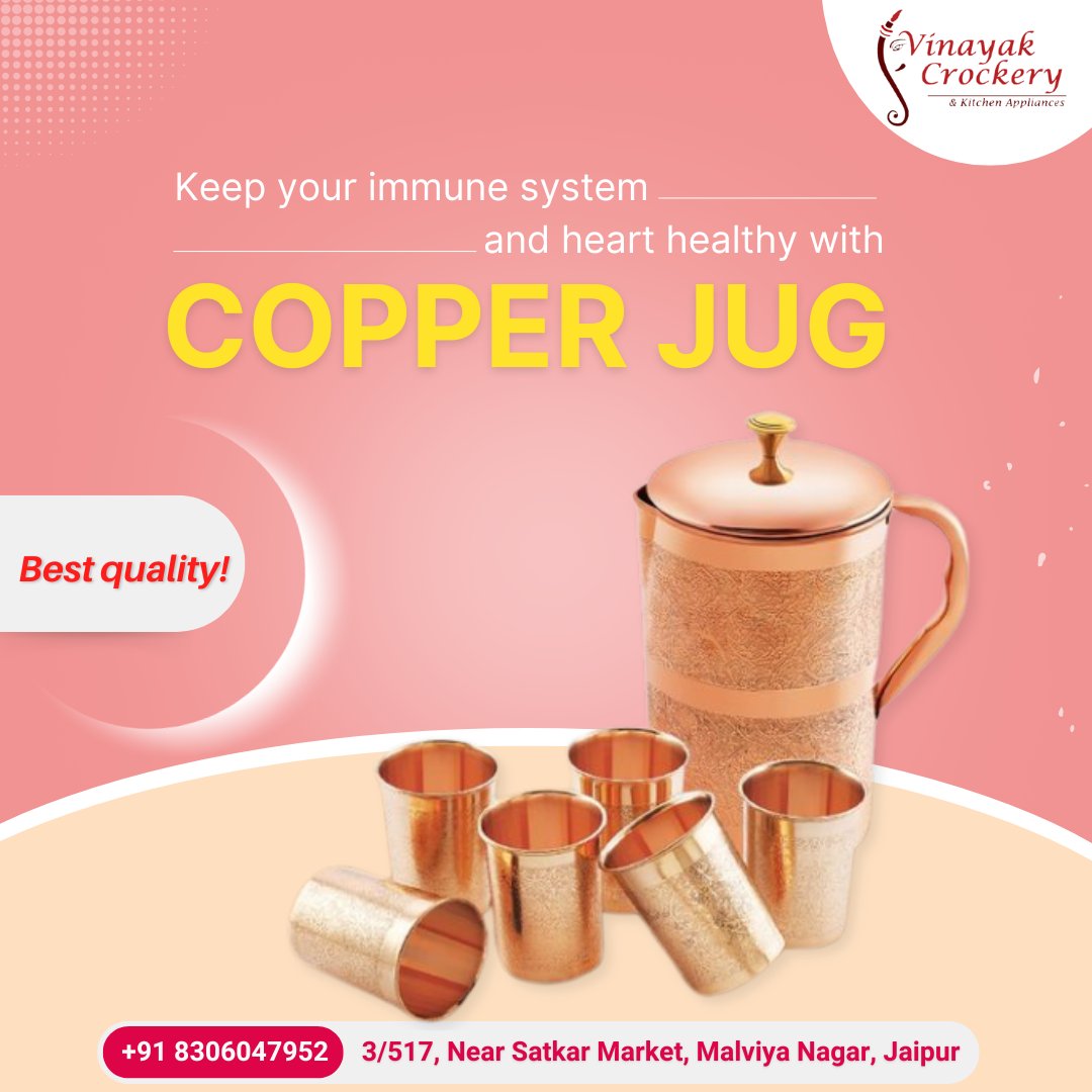 VinayakCrockery's tweet image. Stay hydrated and healthy in this summer season with our COPPER JUG!
Visit us today at Vinayak Crockery and Kitchen Appliances, Malviya Nagar, Jaipur.
+91 83060 47952

#vinayakcrockery #copperjug #crockery #IPLonJioCinema #MinatiToken  #crocleryset
#kitchen #jaipurcity