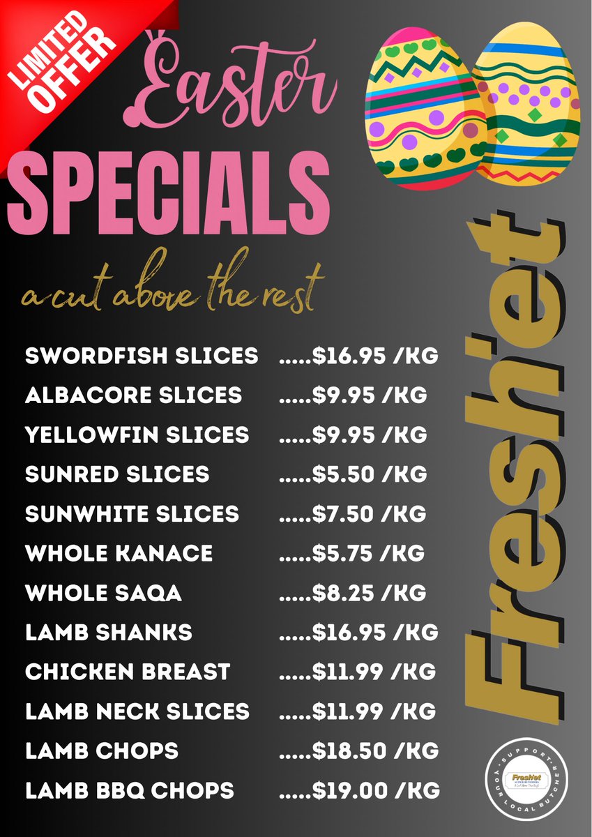 Ready to hop into our EASTER SALE SPECIAL? Don’t miss out on these egg-cellent deals with our fresh catches and premium meats. Limited Time Offer! 

#freshetfiji #easterspecial #premiummeat #acutabovetherest