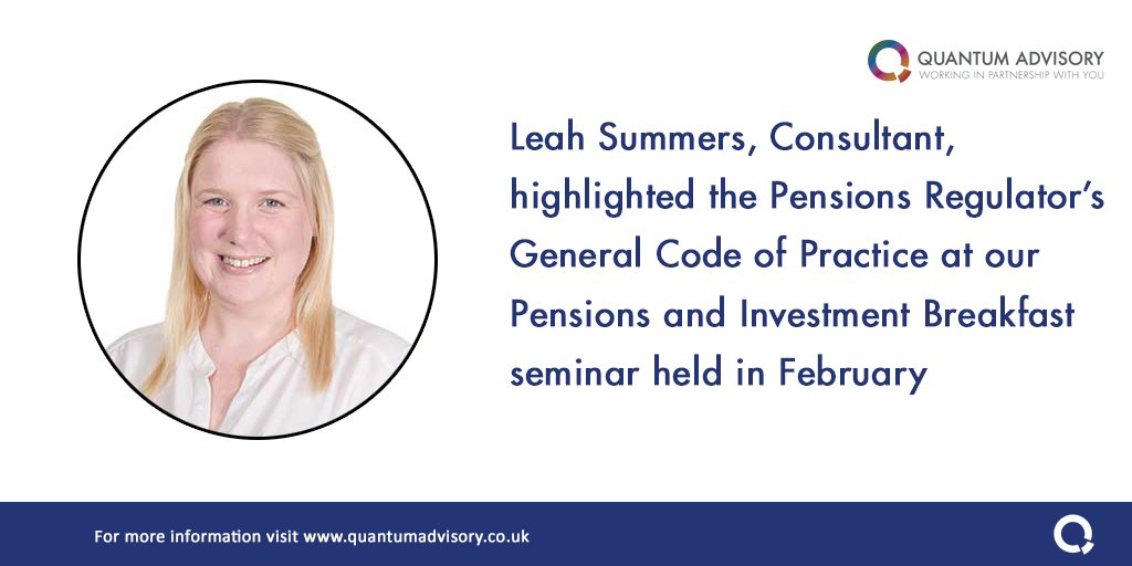 QuantumAdvisory's tweet image. Leah Summers, Consultant presented Pension Bites and looked at the Pensions Regulator’s General Code of Practice and what it means in practice.

Click here to view youtu.be/3CEdS6EgGcY

#pensions #tpr #generalcodeofpractice