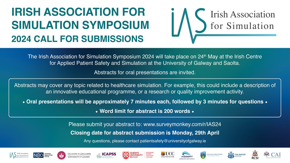 National Simulation Office (@hse_nso) on Twitter photo 📢 5 DAYS To Deadline
➡ surveymonkey.com/r/IAS24
Doubts? DM us or contact patientsafety@universityofgalway.ie
Join mailing list: tinyurl.com/mpewwuw2
<a href="/UCCASSERT/">ASSERT Centre, UCC.</a> <a href="/RCSI_Irl/">RCSI</a> <a href="/QUBelfast/">Queen's University Belfast 🎓</a> @saoltagroup <a href="/GalwayICAPSS/">ICAPSS</a> <a href="/uniofgalway/">Ollscoil na Gaillimhe | University of Galway</a> @COAIrl <a href="/IrishSimAssoc/">IrishSimulationAssoc</a> 📢 5 DAYS To Deadline
➡ surveymonkey.com/r/IAS24
Doubts? DM us or contact patientsafety@universityofgalway.ie
Join mailing list: tinyurl.com/mpewwuw2
<a href="/UCCASSERT/">ASSERT Centre, UCC.</a> <a href="/RCSI_Irl/">RCSI</a> <a href="/QUBelfast/">Queen's University Belfast 🎓</a> @saoltagroup <a href="/GalwayICAPSS/">ICAPSS</a> <a href="/uniofgalway/">Ollscoil na Gaillimhe | University of Galway</a> @COAIrl <a href="/IrishSimAssoc/">IrishSimulationAssoc</a>