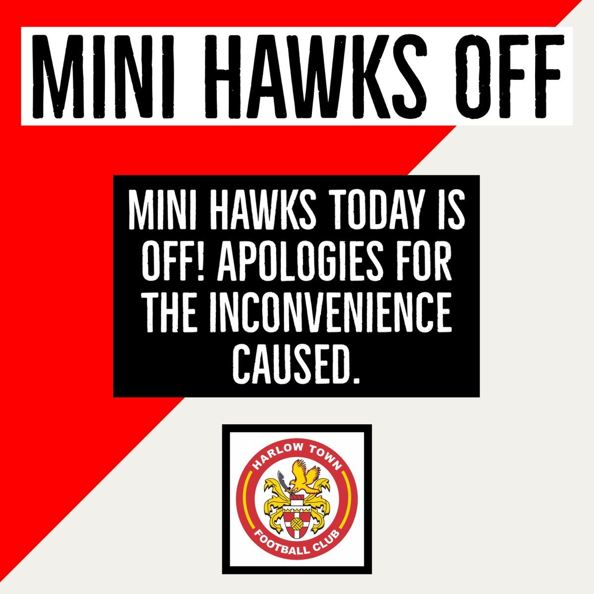 HarlowTownFC's tweet photo. MINI HAWKS MESSAGE 🦅
Mini-Hawks is off tonight. We apologise for the inconvenience caused.

#Hawks #MiniHawks https://t.co/U2FetlLFxH