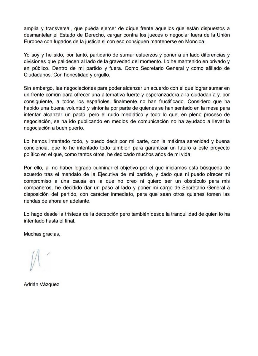 Los catalanes y el conjunto de los españoles merecían construir una alternativa constitucionalista fuerte y amplia. El momento es gravísimo y por eso lo hemos intentado hasta el final. Lamentablemente, no ha sido posible. 

Muchas gracias a tantos por tanto. Ha sido un honor.