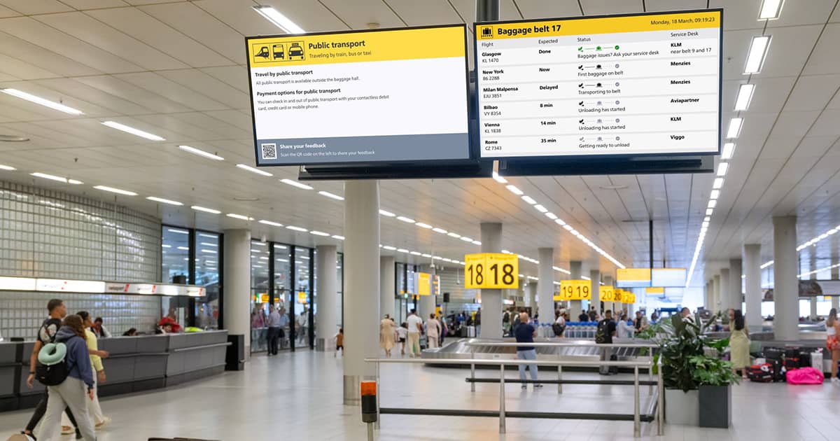 TimeLineProAV's tweet photo. The screens at the baggage carousels of Schiphol airport in Amsterdam that now use machine learning to tell arriving air passengers when their bags should start coming off a conveyor belt.

Learn more: https://t.co/DHAMq2AQ3r https://t.co/GiEuPituQD