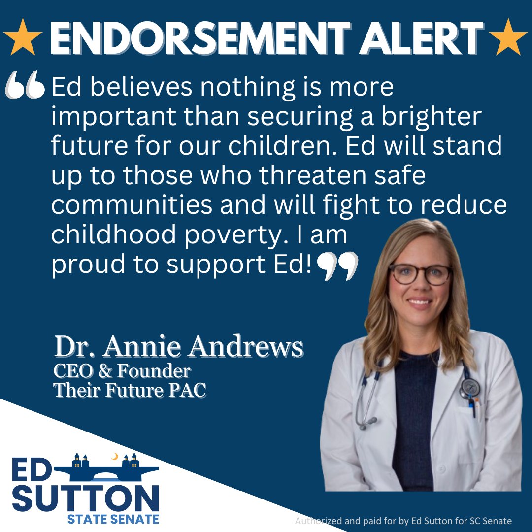 Nothing is more important than securing a brighter future for our children. 🎒🚸 I am proud to stand with @AnnieAndrewsMD; ready to fight for safe communities & reducing childhood poverty in South Carolina. We have a lot of work to do! Donate here: secure.actblue.com/donate/sutton-…