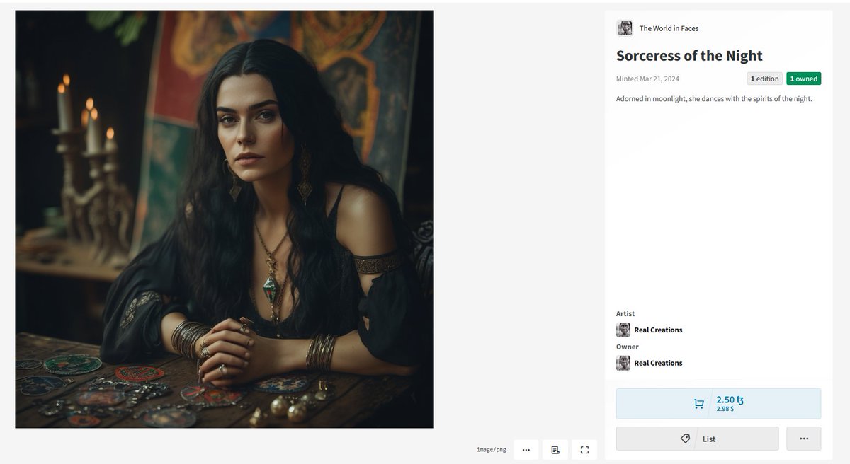 Sorceress of the Night can be yours for only 2.5 $XTZ 

#TezosNFTs #tezosnft #NFT #NFTCollection #NftColllector #NFTProject #NFTProjects #nftwomen #NFTWorlds #objkt #objktnft #objktcom #aiphotography #objkt #objktcom #objktnft #nftwomen

objkt.com/tokens/KT1XZBX…