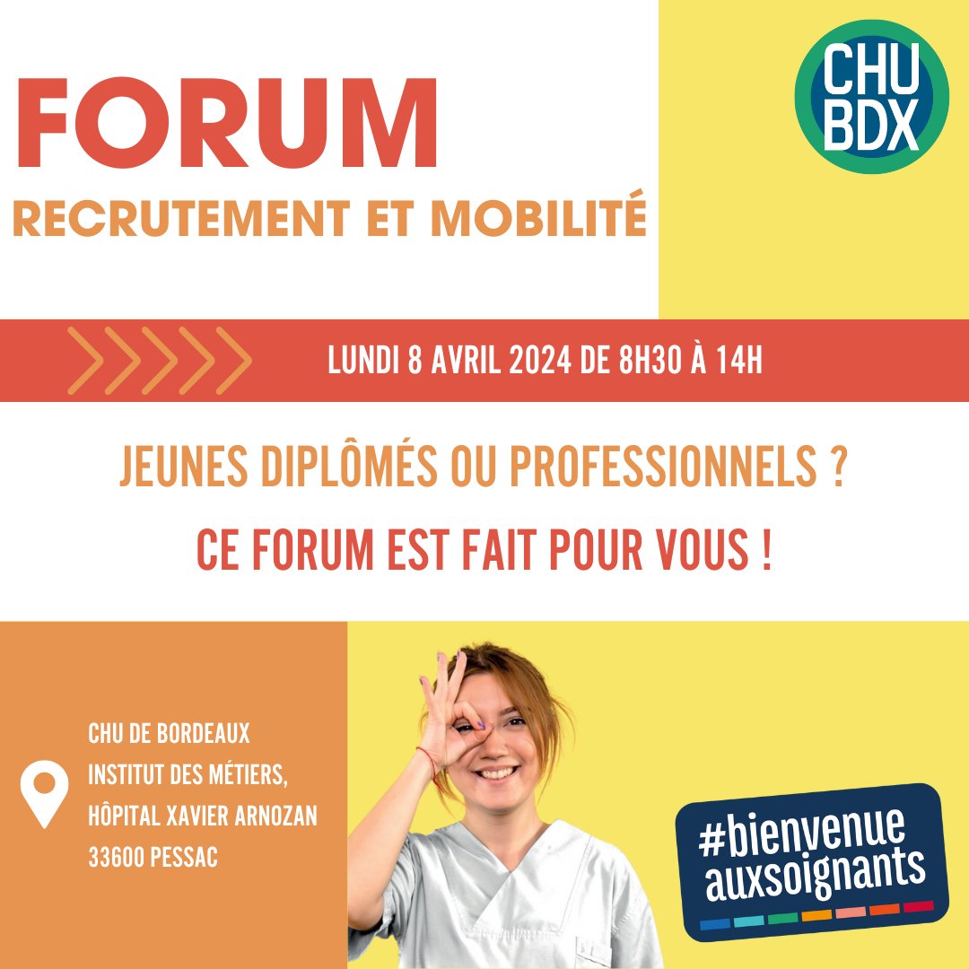 [#EMPLOI]Rejoignez-le @CHUBordeaux ! Jeunes diplômés ou professionnels ? Le #forum de recrutement et de la #mobilité des #métiers de la santé s’adresse à vous ! 🗓️RDV le 8 avril à@IMSCHUBordeaux Hôpital Xavier Arnozan #Pessac chu-bordeaux.fr/Emplois-recrut… #bienvenueauxsoignants