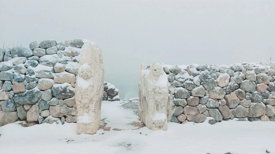 Hattusa, the capital of the Hittites, turned white with the snow that fell yesterday. Photo: AA