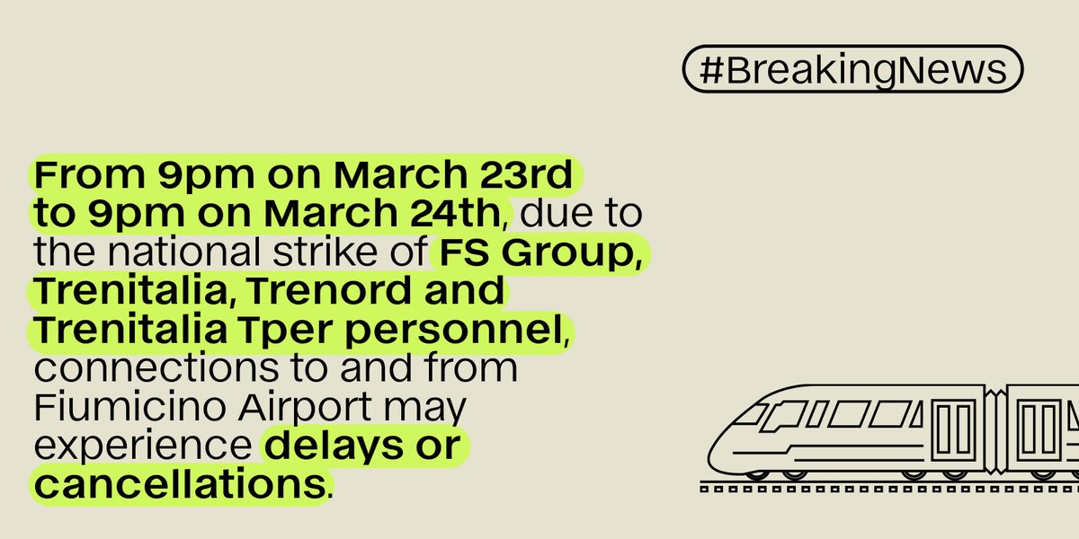 From 9pm on March 23rd to 9pm on March 24th, due to the national strike of FS Group, Trenitalia, Trenord and Trenitalia Tper personnel, connections to and from Fiumicino Airport may experience delays or cancellations. For further information: trenitalia.com/it/informazion…