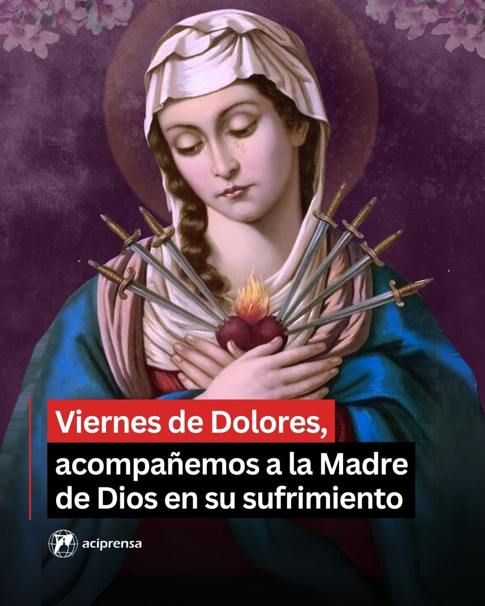 Virgen de los Dolores, ruega por nosotros. 🙏❤️

Una antigua tradición cristiana, vinculada de manera directa a la Semana Santa, conmemora los dolores y sufrimientos de la Virgen María en torno a la Pasión de Cristo, su Hijo amado. Se trata del llamado "Viernes de los Dolores" o
