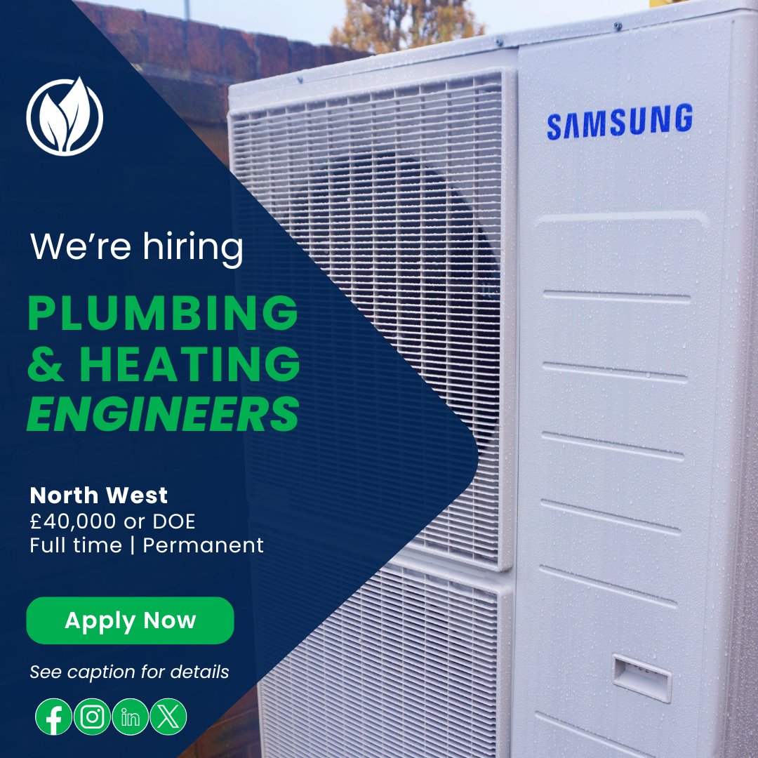 🔧We're hiring Plumbing/Heating Engineers🔧

At Next Energy, we are award-winning specialists within the renewable, heating and insulation sector 🍃

For more info or to apply, email Vannesa Hall at Vannesa.hall@nextenergyuk.co.uk.

#northwestjobs #applynow #jobadvert