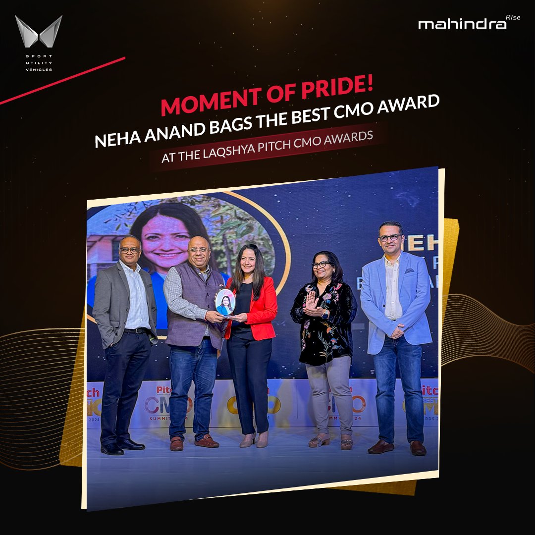 Congratulating @NehaAnandBrahma, VP and Head - Global Brand & Marketing Communications, Mahindra Automotive, for winning the title of Best CMO at the Laqshya #PitchCMOAwards. Her brilliance and hard work have paved the path to unparalleled success.

#MahindraAuto #e4mAwards