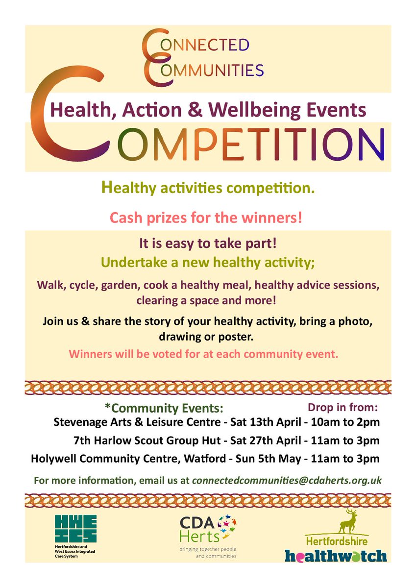 We are running Connected Communities Events & competitions, across the county. Cultural entertainment, Community speakers & stalls selling cultural crafts & products. See below for details or contact connectedcommunities@cdherts.org.uk