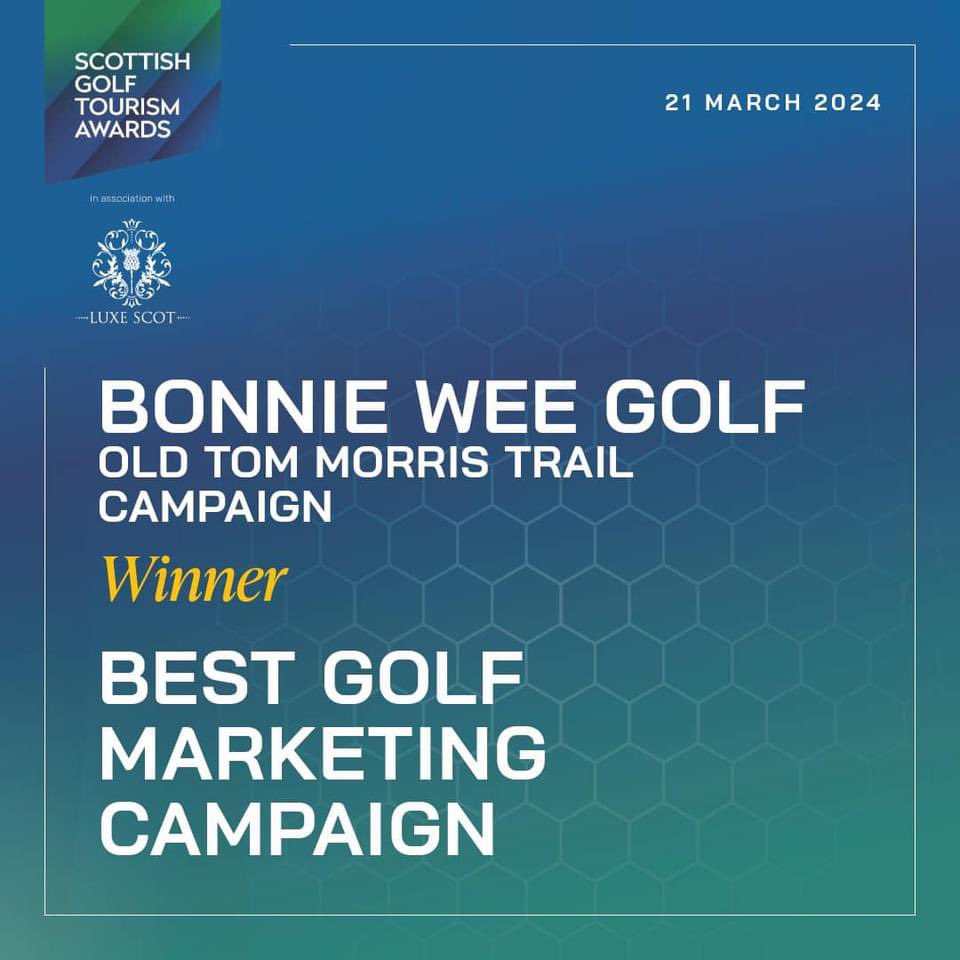 The @bonnieweegolf Team were delighted to receive the award for Best Marketing Campaign for the Old Tom Morris Trail at last night’s Scottish Golf Tourism Awards. Big thanks to @mission10hq for all their help in kickstarting this campaign back in 2021. What a night!