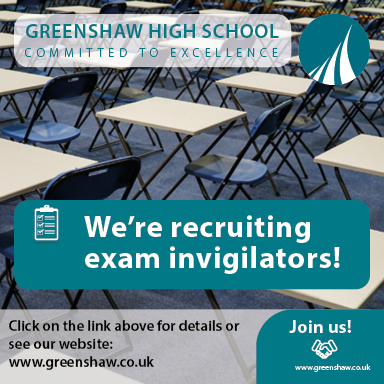 We are looking for exams invigilators. This is an exciting opportunity to join Greenshaw High School as an integral member of the Exam Invigilator team. Apply on the GLT vacancies portal here: tinyurl.com/mzktj9j3