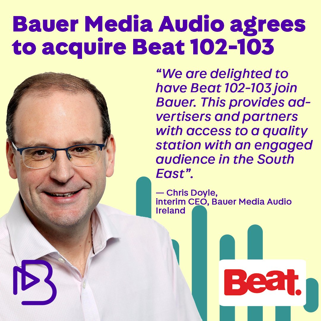 #BauerMediaAudio has signed an agreement to acquire <a href="/beat102103/">Beat 102 103</a> in 🇮🇪, subject to regulatory approval. 
More➡️ bauermedia.com/news/press-rel…

#RadioIndustry #Radiobusiness #BauerMedia