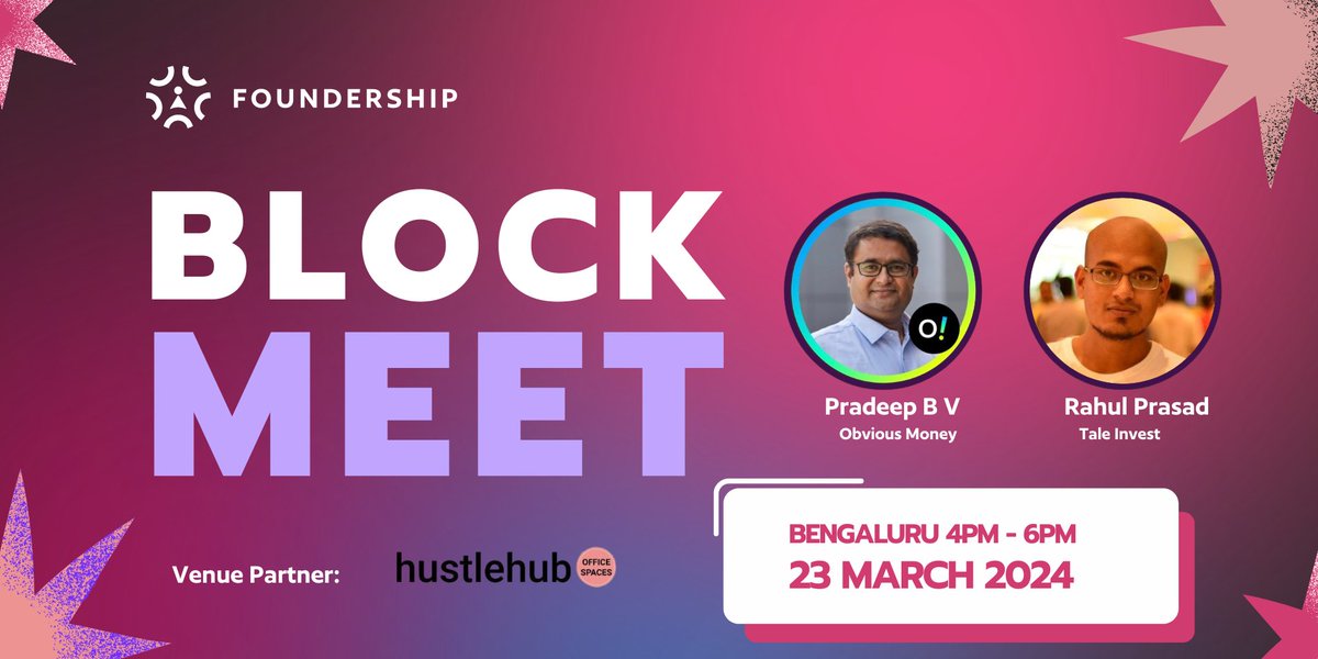 Blockmeet 'Crypto' Web3 Bengaluru Tomorrow! 23rd March 4 to 6 pm. HSR Layout. Foundership hosts 'Awesome Events'. That's what the community says. 🙂🙏 RSVP 👉 foundershiphq.explarax.com/event/blockmee… We have @pradeepbv - @itsobvioustech and @rahulphoodi - @TaleWallet will share the product…
