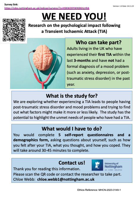 Help us make a difference in #TIA & #Stroke services. New study highlighting the unmet psychological needs of #TIA patients, to hopefully enhance #PsychologicalSupport in the future. If you or someone you know has had a recent TIA, email me or scan the QR code on the poster!