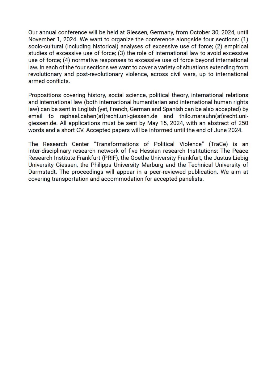 leoncastjan's tweet photo. Call for papers: @TraCe_Violence Annual Conference on 'The excessive use of force: Challenges in light of transformations of political violence' hosted by @jlugiessen on 30 October and 1 November 2024. Abstracts are due by 15 May. https://t.co/bKYzzXFy46