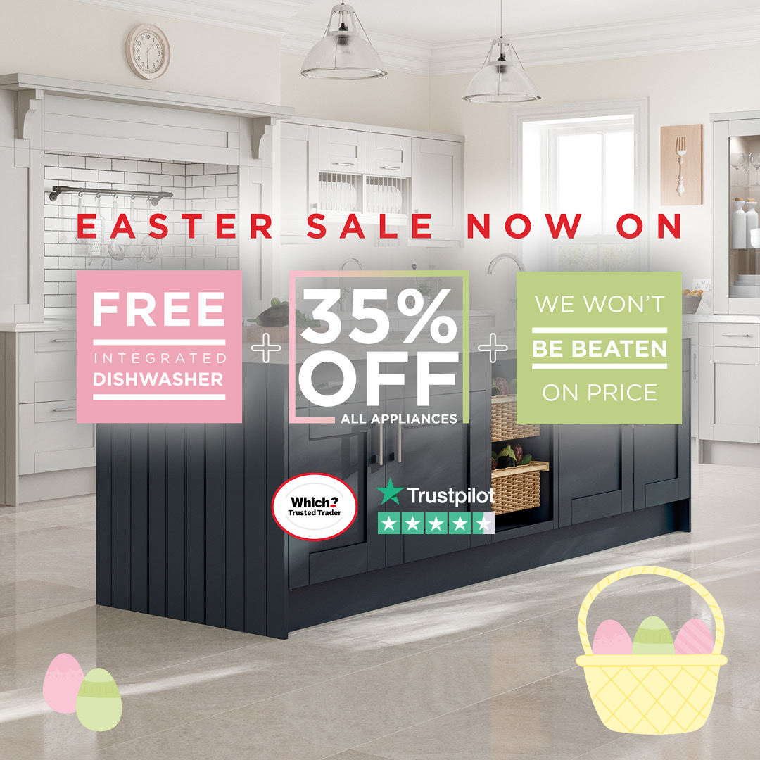 📣 Easter Sale NOW ON! For a limited time only, & because it's Easter, 🐰 we're giving you a FREE integrated dishwasher & 35% off all appliances with new kitchen! Get cracking & upgrade your kitchen in our egg-citing sale! 🐣 ➡️ bit.ly/3U4S67s